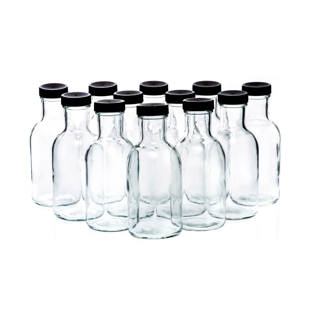12oz Stout Glass Bottles - Flint Glass w/ Black Plastic Lids - 12 Count