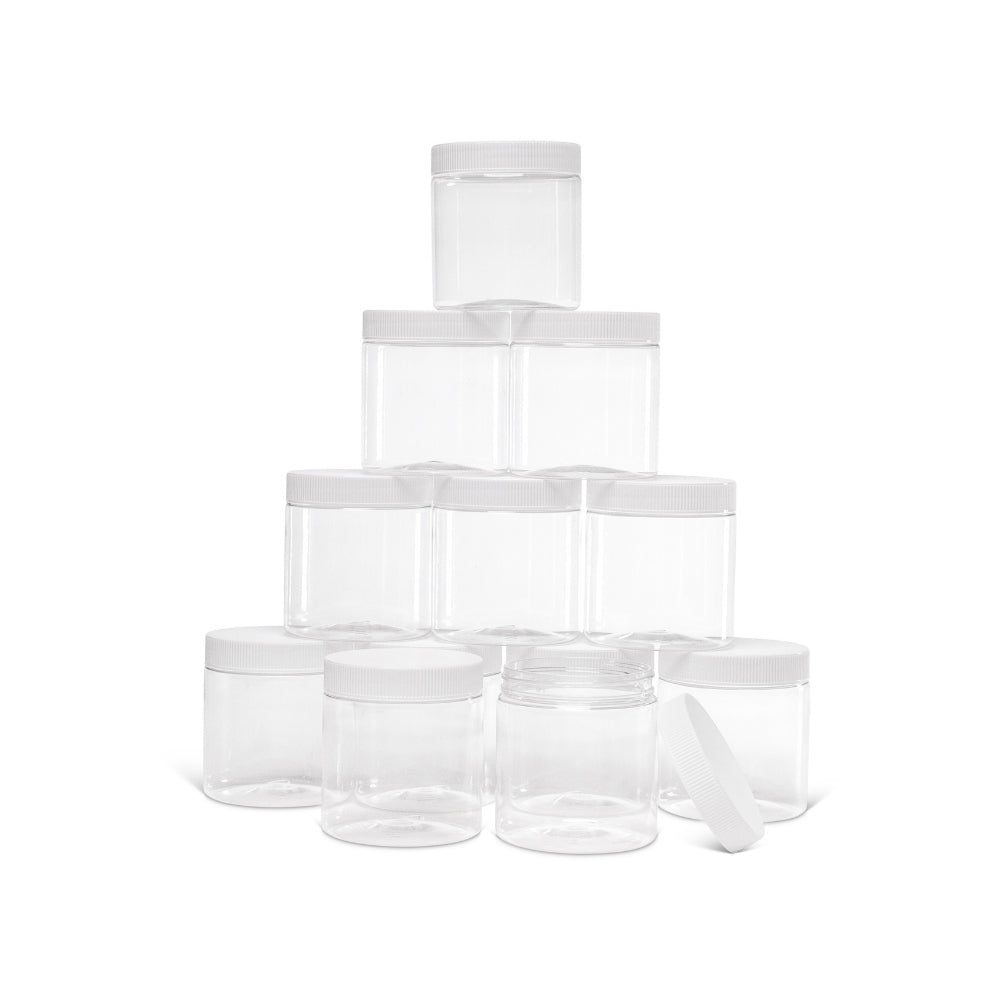 8.45oz Clear PET Plastic Jars - w/ White Screw-On Lid - 12 Count