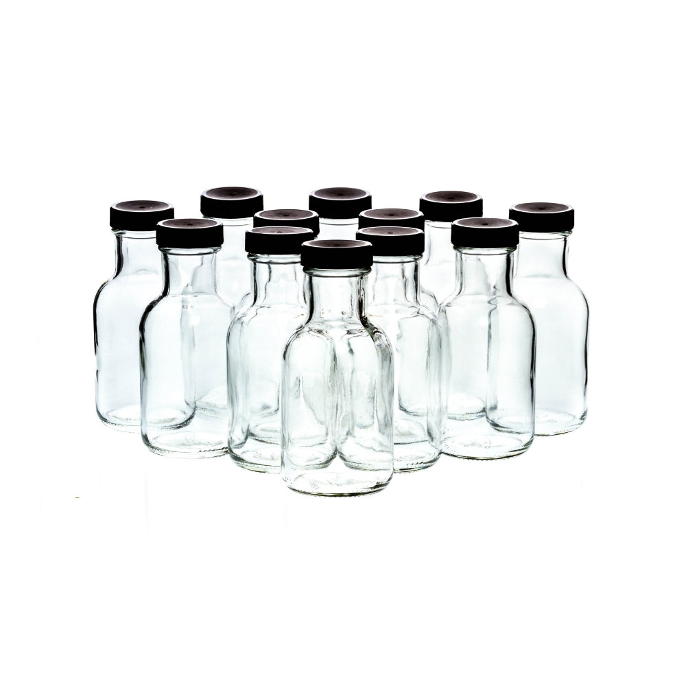 8oz Glass Stout Bottles - Flint Glass w/ Black Plastic Lids - 12 Count
