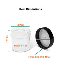 Load image into Gallery viewer, dimensions for 1oz plastic containers with black lid
